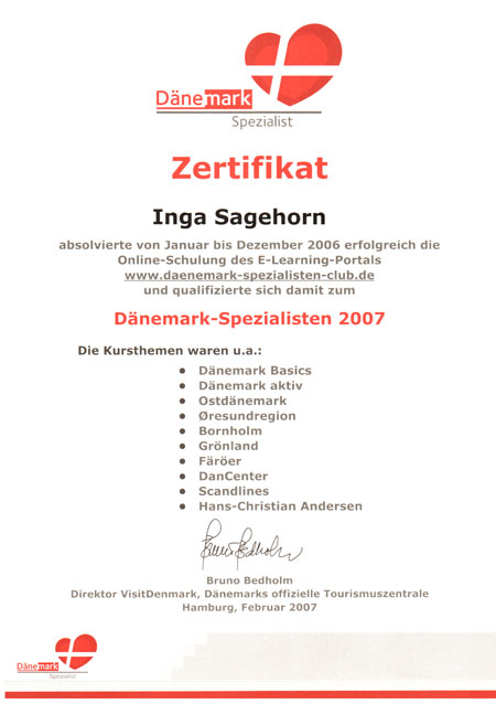 Dänemark-Spezialisten Urkunde Dänemark-Spezialisten Urkunde